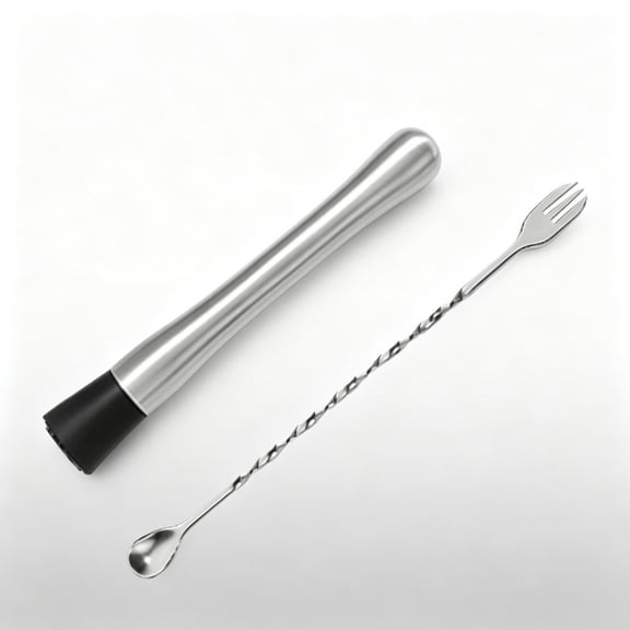 8 Inch Stainless Steel Cocktail Muddler 10 Inch Twisted Bar Spoon 2Pcs Bar Tool Set, Nylon Head Fruit Herb Masher for Mojito Home Bartending Drinks Making