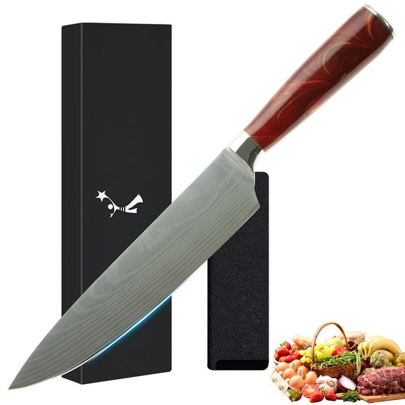 8 Inch Stainless Steel Japanese Chef Kitchen Knife Damascus Engraved Pattern Resin Handle