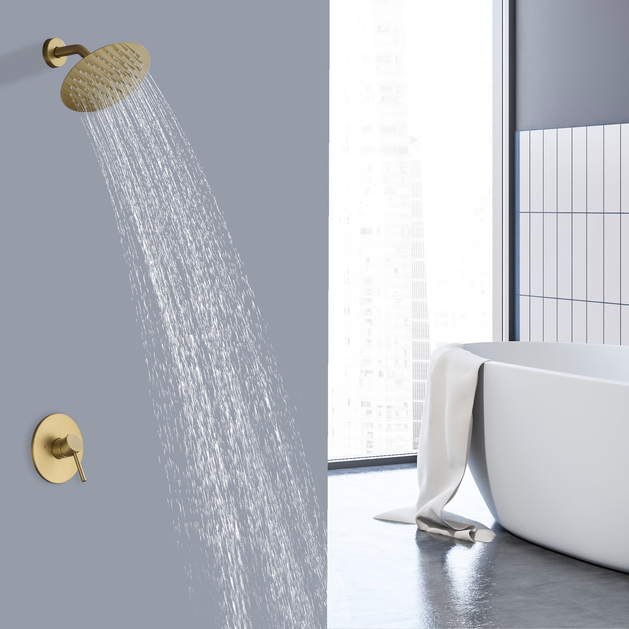 8-Inch Stainless steel/Brass Round Rainfall Showerhead with Ceramic Faucet Control Valve, 6.7 Inch Extension Arm, Wall mounted Head Shower-Golden Brushed(Without Hand shower)