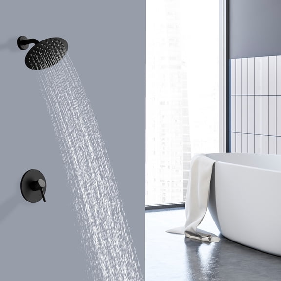 8-Inch Stainless steel/Brass Round Rainfall Showerhead with Ceramic Faucet Control Valve, 6.7 Inch Extension Arm, Wall mounted Head Shower-Matte Black(Without Hand shower)
