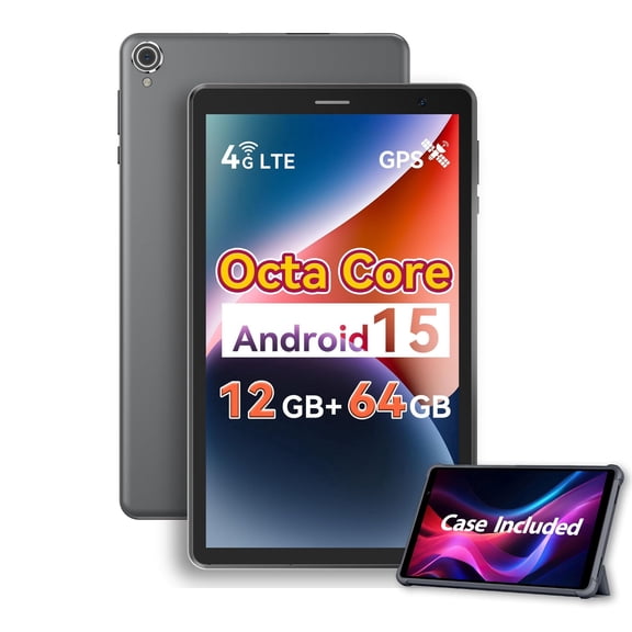 8 Inch Tablet with Sim Card Slot,Unlocked Tablets with 4G LTE,Octa Core,12GB RAM 64GB ROM 2TB TF Expandable,5100mAh,WiFi,GPS,Android 15 Tablet with Case