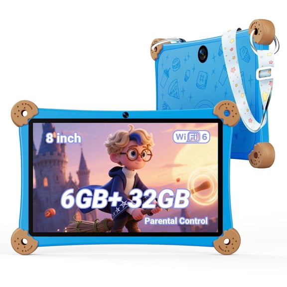 8-inch Android Tablet with Case & Adjustable Strap, 6GB+32GB, WiFi 6, HD IPS Display, Parental Control, Pre-installed Educational Apps, Blue