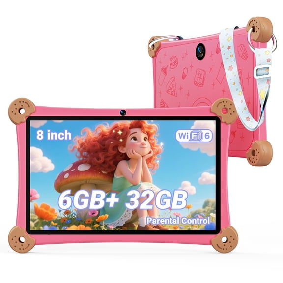 8 Inch Tablet with Shockproof Case and Adjustable Strap, 6GB+32GB, WiFi 6, Parental Control, Pre-installed Apps ,Pink