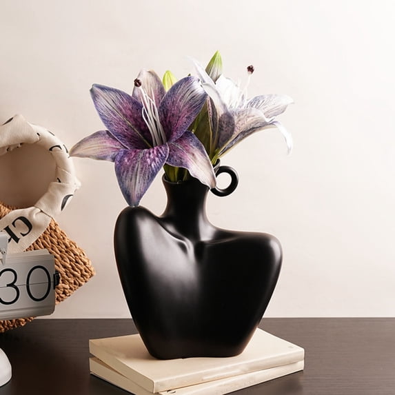 8 Inch Tall Faux Ceramic Vase - Black Plastic Flower Pot, Slim Modern Tabletop Decor, Centerpiece for Dried Fresh Flowers, Living Room Shelf Decoration, Shatterproof Planter