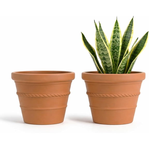 8 Inch Terracotta Pots for Plants, Large Terra Cotta Clay Flower Pots with Drainage Hole, Rope Pattern Decorative Planters for Indoor Outdoor Plants, Herbs, Patio Garden, 2 Pack