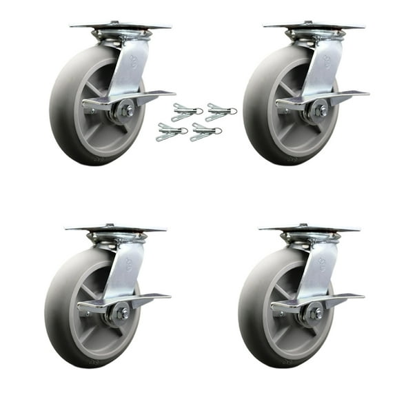 8 Inch Thermoplastic Caster Set with Ball Bearings and Brakes/Swivel Locks SCC
