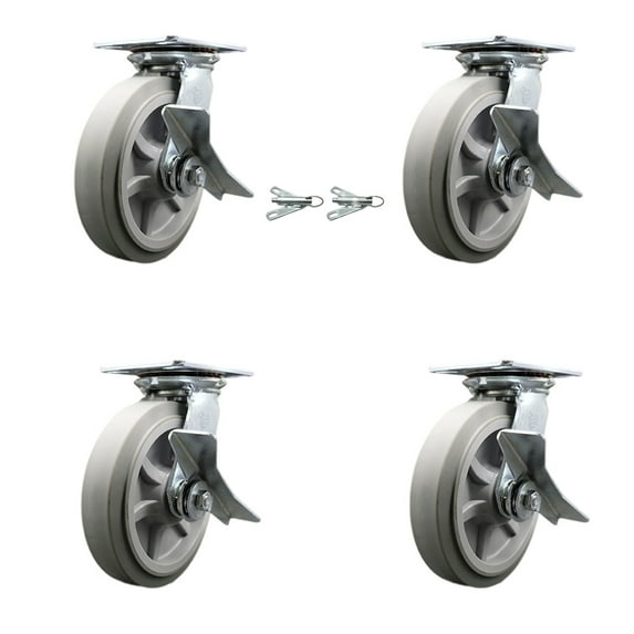 8 Inch Thermoplastic Caster Set with Roller Bearing 4 Brake and 2 Swivel Lock
