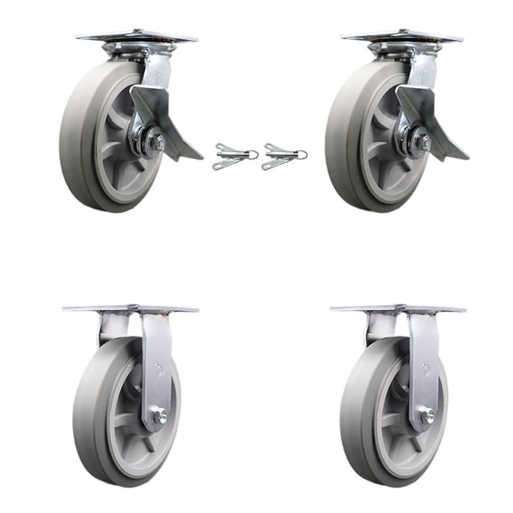 8 Inch Thermoplastic Rubber Caster Set 2 Brakes/Swivel Locks and 2 Rigid SCC