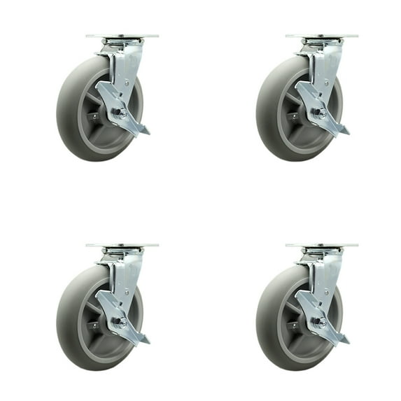 8 Inch Thermoplastic Rubber Caster Set with Roller Bearing 4 Brake 2 Swivel Lock