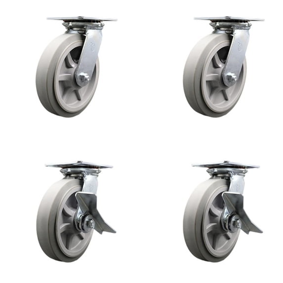 8 Inch Thermoplastic Rubber Swivel Caster Set with Ball Bearings 2 Brakes SCC