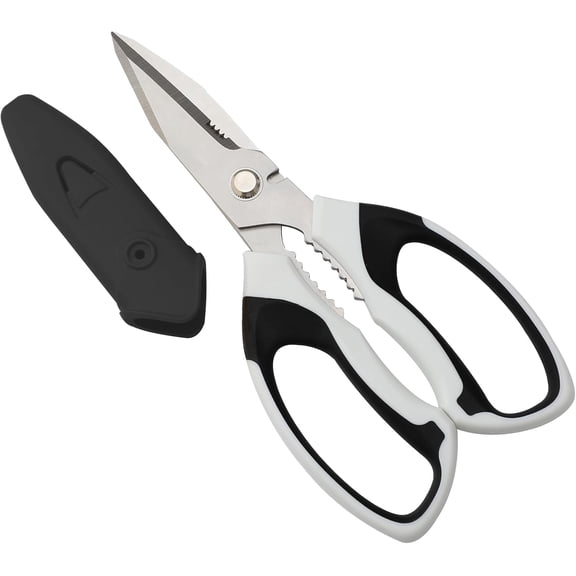8-Inch Utility Scissors All Purpose Heavy Duty, Serrated Blade, White Comfort Grip for Cutting Carpet, Cardboard, Leather, Fabric, Multipurpose Sharp Shears for Kitchen, Garden, Office, Carft
