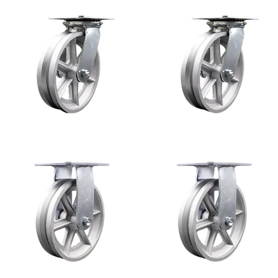 8 Inch V Groove Semi Steel Caster Set with Ball Bearings 2 Swivel 2 Rigid SCC