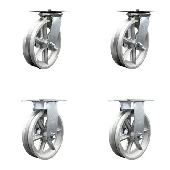 8 Inch V Groove Semi Steel Caster Set with Roller Bearings 2 Swivel 2 Rigid SCC