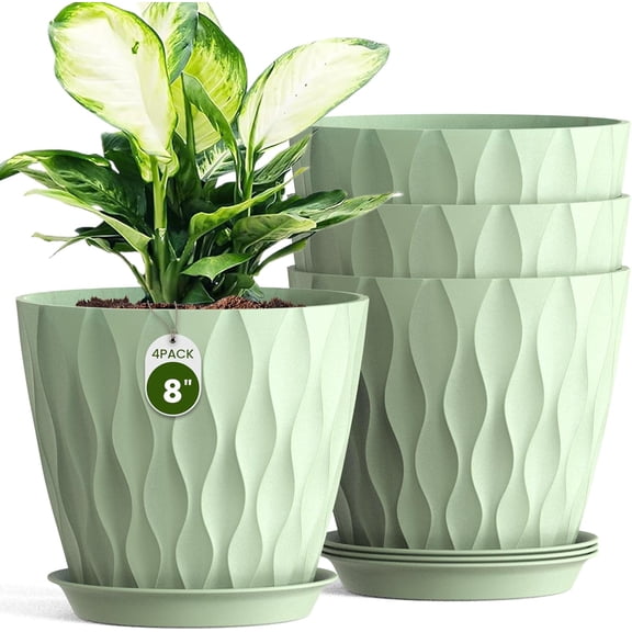 8 Inch Wave Plant Pots with Drainage Holes & Saucers, 4 Pack Modern Textured Medium Planters for Indoor Outdoor Plants, Decorative Flower Pots Repotting Set for Flowers, Herbs (Green)