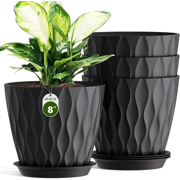8 Inch Wave Plant Pots with Drainage Holes & Saucers, 4 Pack Modern Textured Medium Planters for Indoor Outdoor Plants, Decorative Flower Pots Repotting Set for Flowers, Herbs (Black)