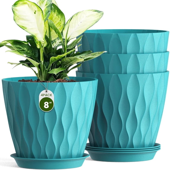 8 Inch Wave Plant Pots with Drainage Holes & Saucers, 4 Pack Modern Textured Medium Planters for Indoor Outdoor Plants, Decorative Flower Pots Repotting Set for Flowers, Herbs (Blue)