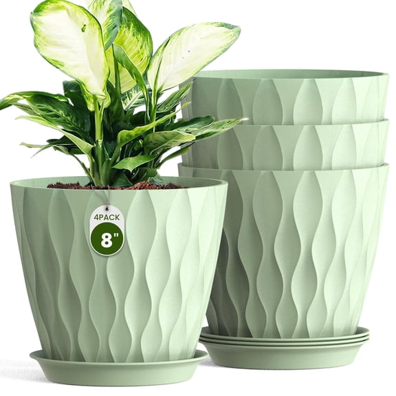 8 Inch Wave Plant Pots with Drainage Holes & Saucers, 4 Pack Modern Textured Medium Planters for Indoor Outdoor Plants, Decorative Flower Pots Set for Flowers, Herbs (Multicolor)