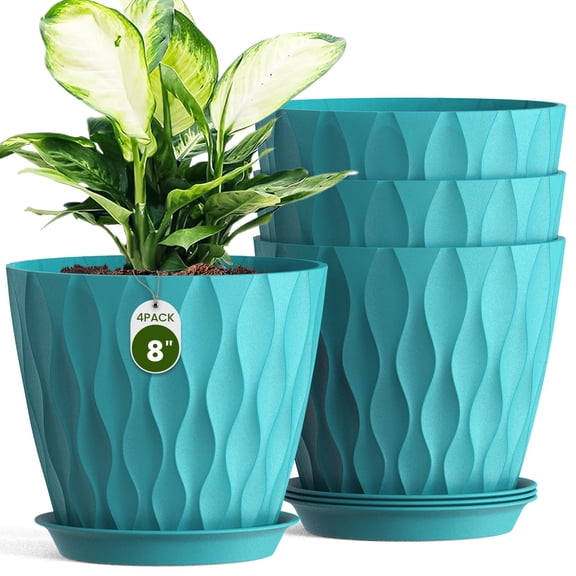 8 Inch Wave Plant Pots with Drainage Holes & Saucers, 4 Pack Modern Textured Medium Planters for Indoor Outdoor Plants, Decorative Flower Pots Set for Flowers, Herbs (Multicolor)