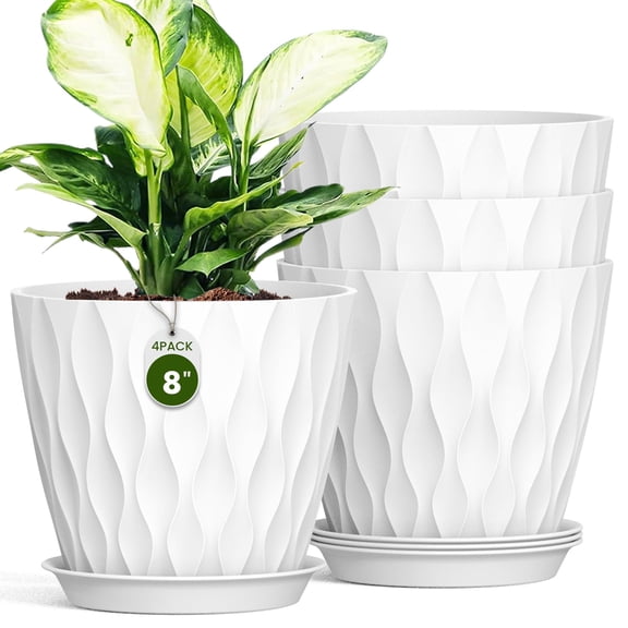 8 Inch Wave Plant Pots with Drainage Holes & Saucers, 4 Pack Modern Textured Medium Planters for Indoor Outdoor Plants, Decorative Flower Pots Set for Flowers, Herbs (Multicolor)