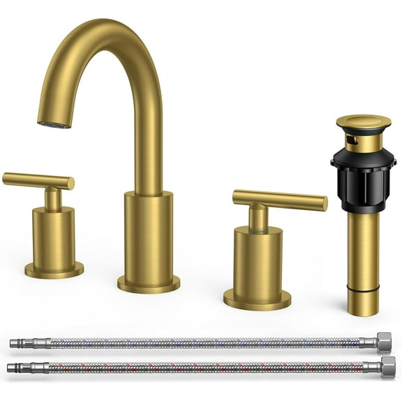 8 Inch Widespread Brushed Gold Bathroom Faucet 3 Hole, 2 Handle Gold Sink Faucet Bathroom Vanity with 360 Degree Swivel Spout, with Metal Pop Up Drain and cUPC Supply Line, for 6 to 12 In Sink