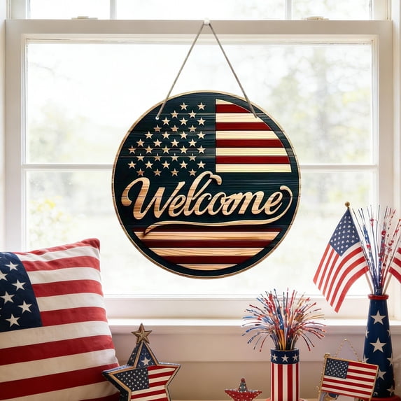 8 Inch Wooden Patriotic Welcome Sign,4th of July American Flag Front Door Hanging Decor,Independence Day Wall Plaque for Porch,Entryway,Patio,Farmhouse