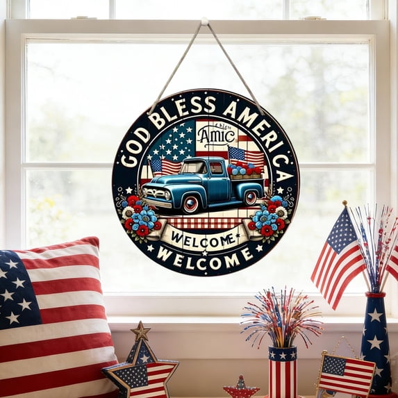 8 Inch Wooden Patriotic Welcome Sign,4th of July American Flag Front Door Hanging Decor,Independence Day Wall Plaque for Porch,Entryway,Patio,Farmhouse
