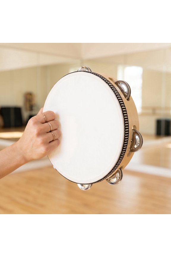 8 Inch Wooden Tambourine with Metal Jingles - Single Row Hand Held Percussion Drum Bell for Church, Band, Party, KTV & Music Performance