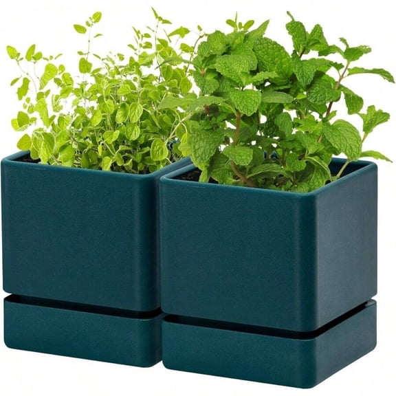 8 Inch X 4.5 Inch Deep Green Square Plastic Herb Planter Set With Drainage Holes And Saucers, Modern Indoor Garden Pot