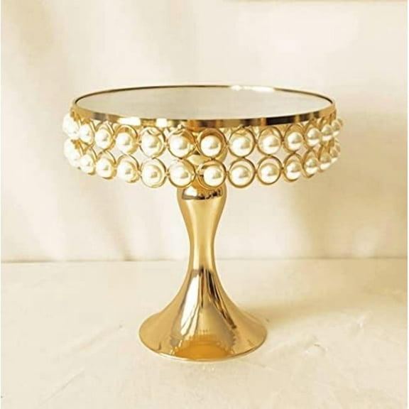 8 Inches 20cm Gold Round Mirror Cake Stand Cupcake Stands Metal Pedestal Holder with Pearls, Party Dessert Cheese Display Plate for Wedding Party Birthday Baby Shower Celebration Home Decoration