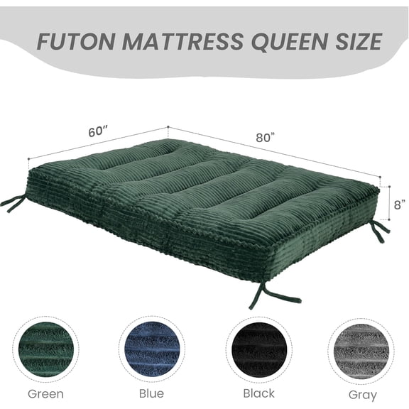 8 Inches Futon Mattress Queen Size, Futon Sofa Couch Bed with Straps, Thick Corded Fabric Floor Futon Mattress for Adults, Sleeping Mat Foldable Mattress for Camping, Green