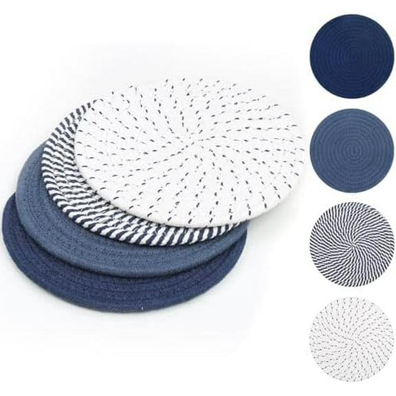 8 Inches Trivets for Hot Dishes, 4 Pieces Cotton Trivets Mats for Kitchen, Hot Pads for Countertops and Table, Heat-Resistant Pot Holders for Hot Pots and Pans(Blue, 4pcs)