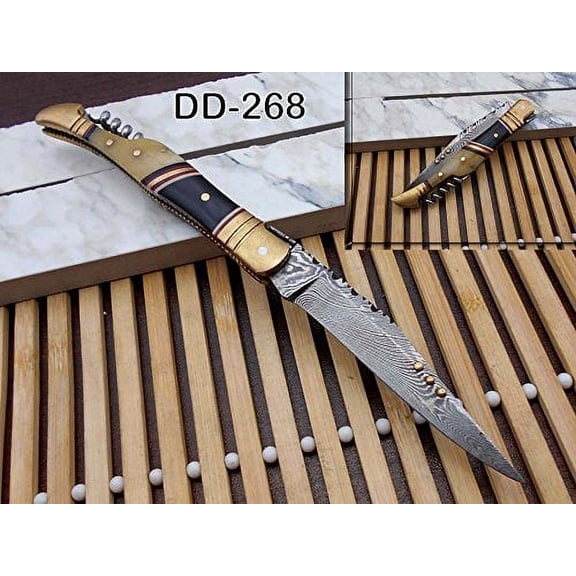 8 Inches long Damascus steel Hand Forged Lagouile Folding Knife W/wine opener, Corkscrew, Bull horn camel bone & brass scale, Cow leather sheath with Belt loop