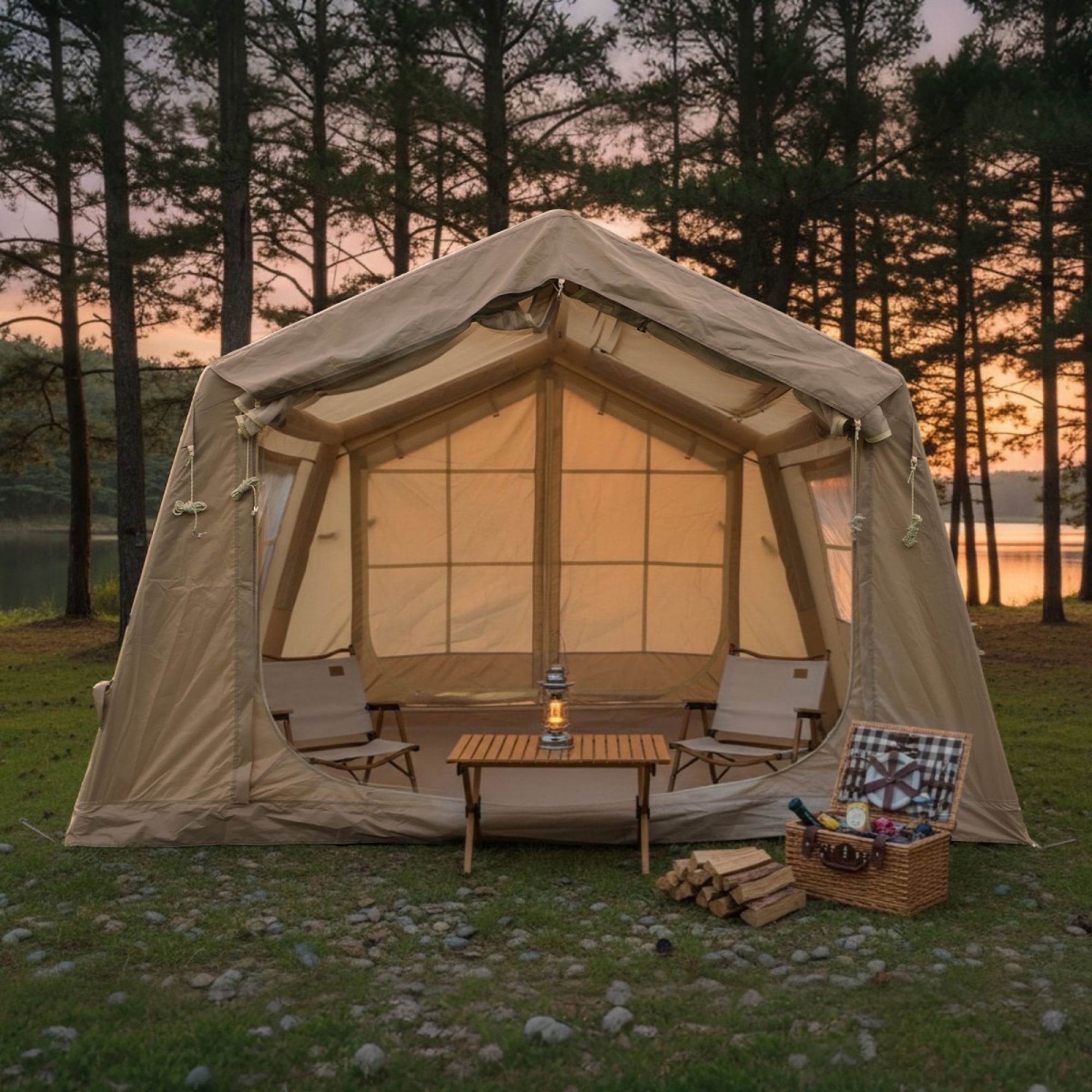 8㎡ Inflatable Camping Tent, 4-Season Waterproof Oxford Air Tent with Hand Pump, Easy Setup Blow Up Glamping Tent for 4/6/8 Adult Persons,Beige