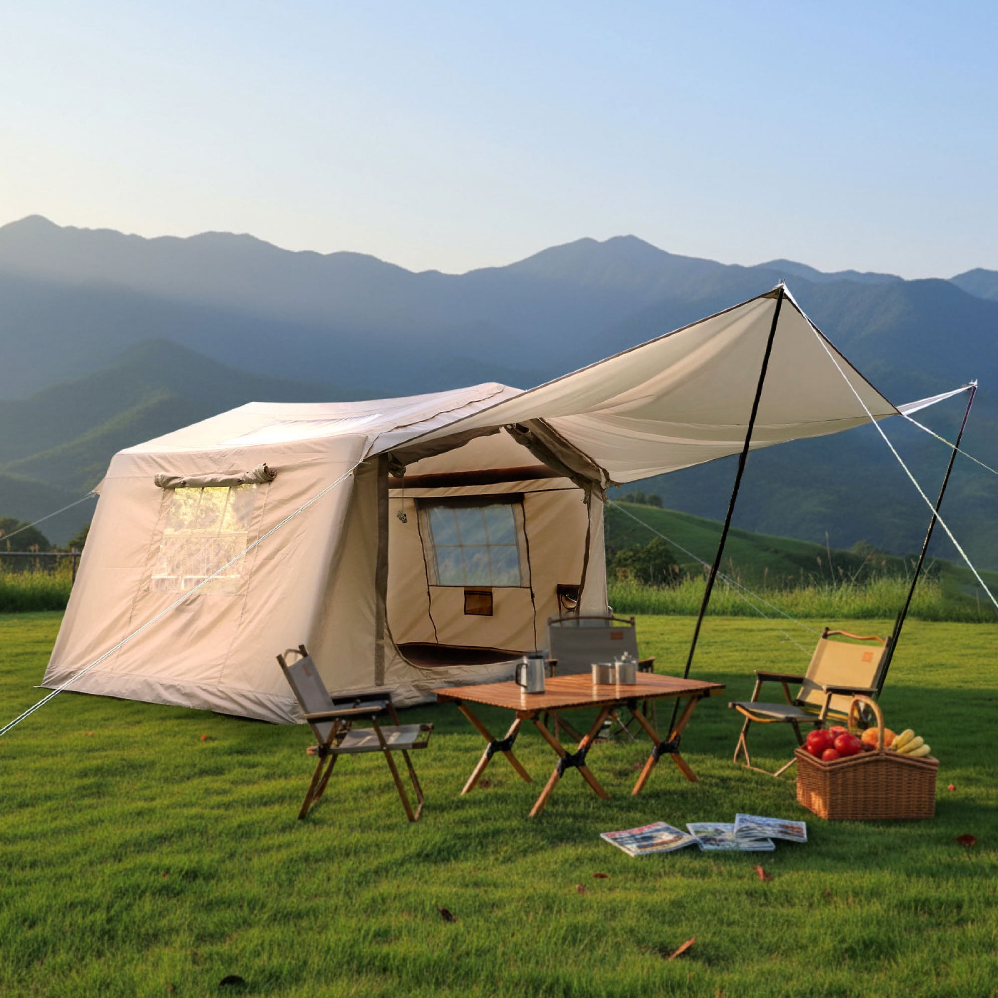 8 ㎡   Inflatable Camping Tent with Canopy, 4-Season Waterproof Oxford Air Tent with Hand Pump, Easy Setup Glamping Tent for 4/6/8 Person Adults,Beige