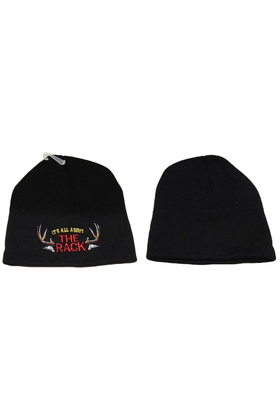 8" It's All About The Rack Black Hunting Deer Embroidered Beanie Skull Cap Hat