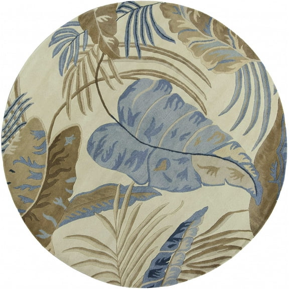 8' Ivory Blue Hand Tufted Tropical Leaves Round Indoor Area Rug