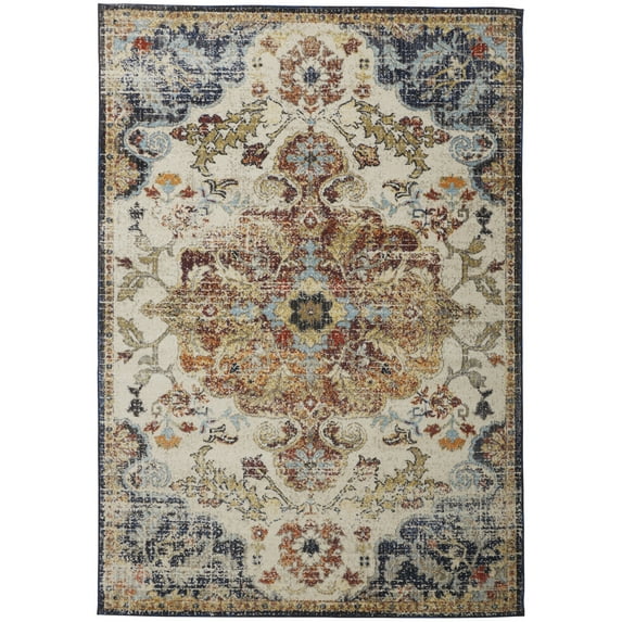 8' X 11' Ivory Gold And Blue Floral Stain Resistant Area Rug