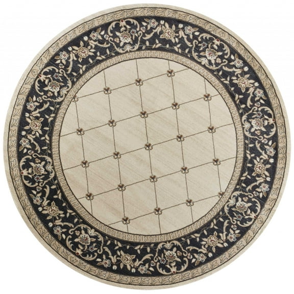 8' Ivory Grey Floral Round Indoor Area Rug