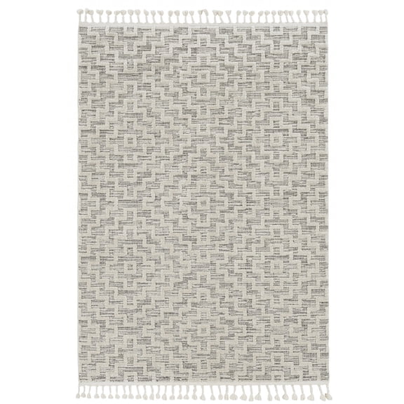 8' Ivory Grey Machine Woven Geometric With Fringe Indoor Runner Rug