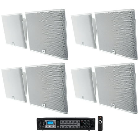 8) JBL SLP12/T-WH White Low-Profile On Wall Mount 3" 70v Commercial Speakers+Amp