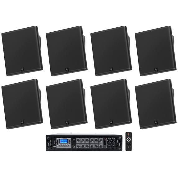 8) JBL SLP14/T-BK Sleek Low-Profile On Wall Mount 4" 70v Commercial Speakers+Amp