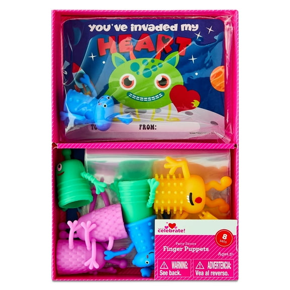 Classroom Exchange Cards with Alien Finger Puppet Party Favors, Multicolor, 8 Count, Valentine's Day by Way To Celebrate