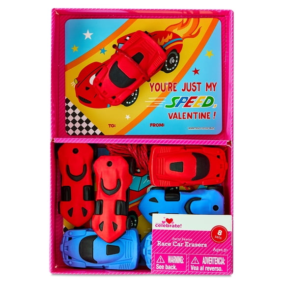Classroom Exchange Cards with Race Car Eraser Party Favors, Red and Blue, 8 Count, Valentine's Day by Way To Celebrate