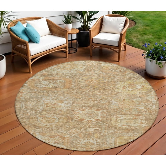 HomeRoots 603739 8 ft. Khaki & Brown Round Damask Washable Indoor & Outdoor Area Rug