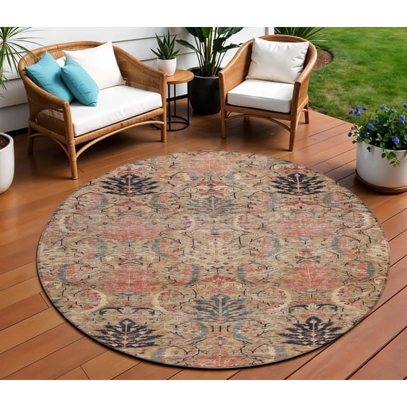 8' Khaki Terra Cotta And Black Round Damask Washable Indoor Outdoor Area Rug