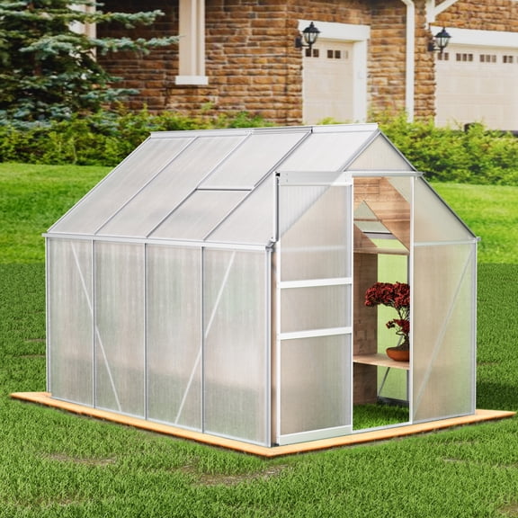 8' L x 6'W Walk-in Polycarbonate Greenhouse for Outdoor, Gardening Warm Hot House with Roof Vent, Sliding Doors, White