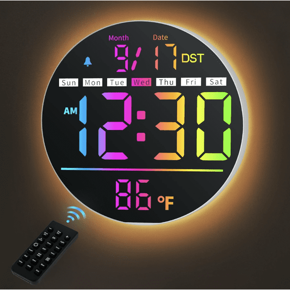 8" LED Large Digital Wall Clock Large Numbers, Plug-in Digital Alarm Clock with Remote for Bedroom, Auto DST, Temperature & Humidity