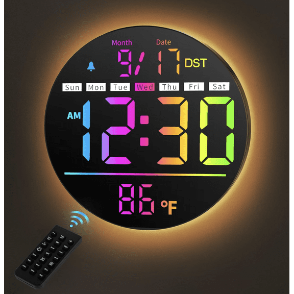 8" LED Large Digital Wall Clock Large Numbers, Plug-in Digital Alarm Clock with Remote for Bedroom, Auto DST, Temperature & Humidity