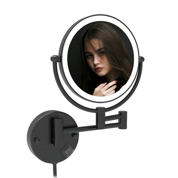 8'' LED Lighted Wall Mount Plug-in Two-Sided Makeup Vanity Mirror, Matte Black, 1X/10X Magnification, by Fixsen
