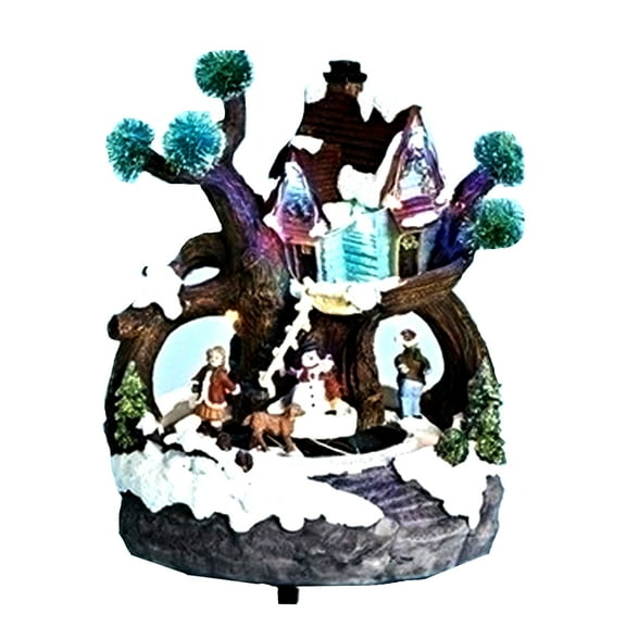 8" LED Tree House with Snowman and Kids Battery Operated Plays Various Christmas Songs by Roman